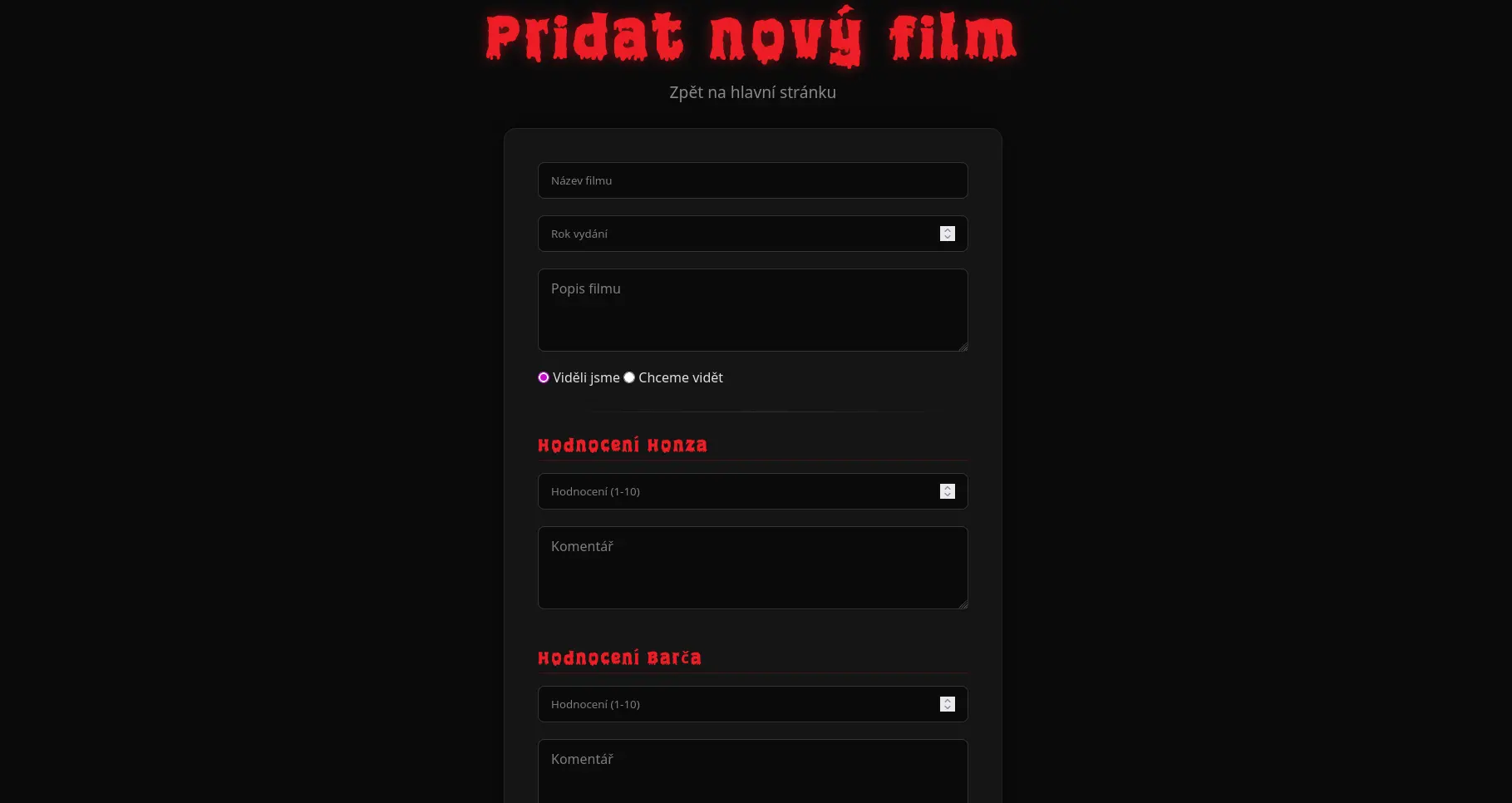 Snímek formuláře pro přidání filmů